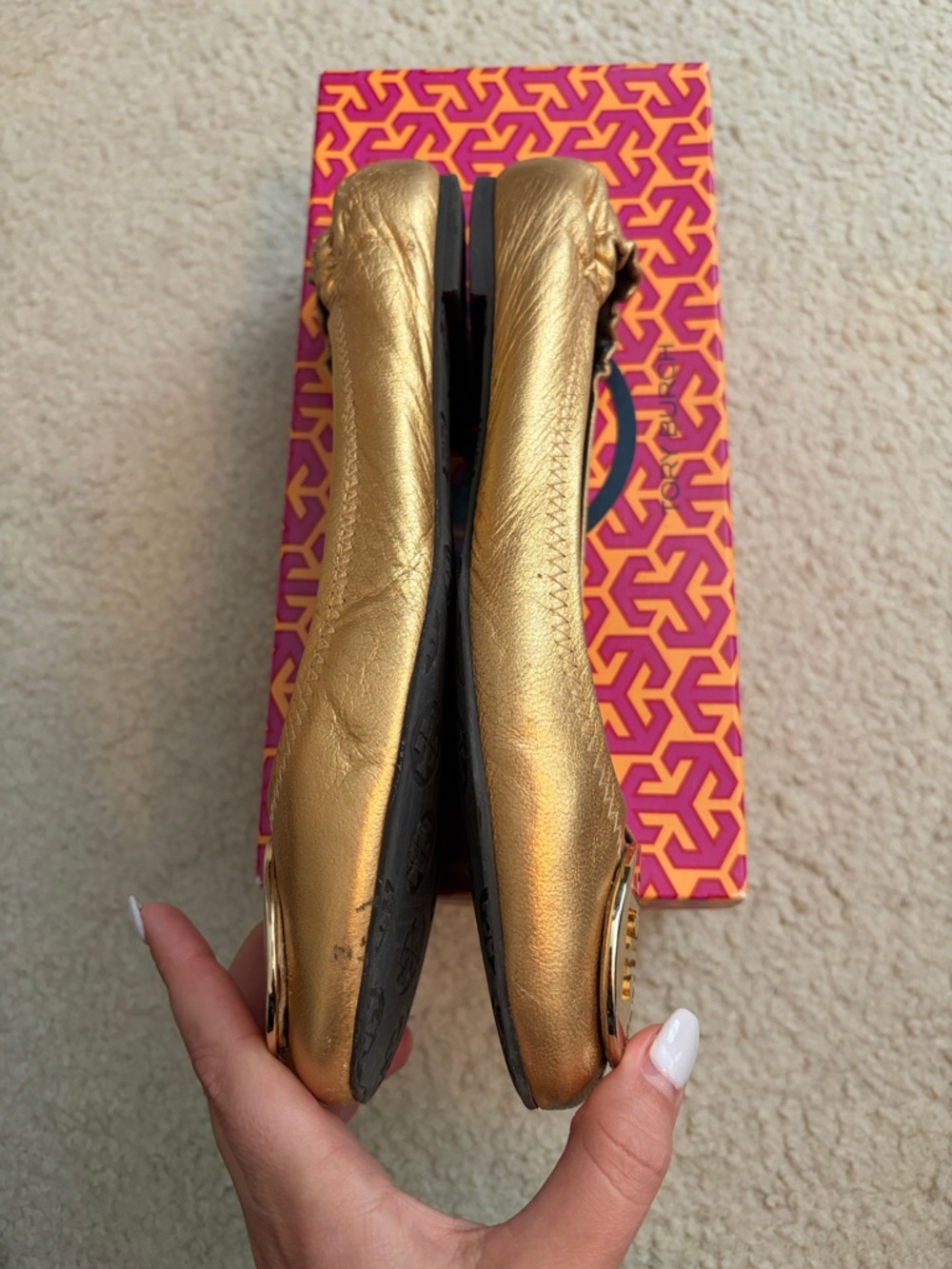 Tory Burch Metallic Gold Logo Reva Ballet Flats 9.5 - Picture 4 of 7